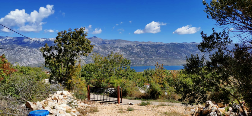 Blick vom Grundstück auf Velebitgebirge und Meer des Velebitkanals mit Bäumen und klarem blauen Himmel in blühender malerischer Landschaft.